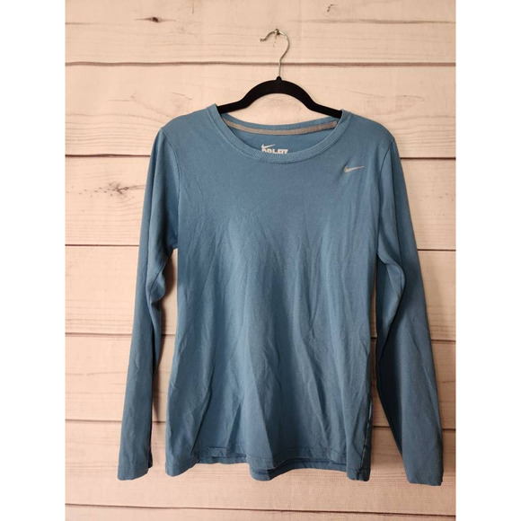 Nike Womens Dri Fit Pullover Top Shirt Blue Long Sleeve‎ Crew Neck Logo L - Picture 1 of 6